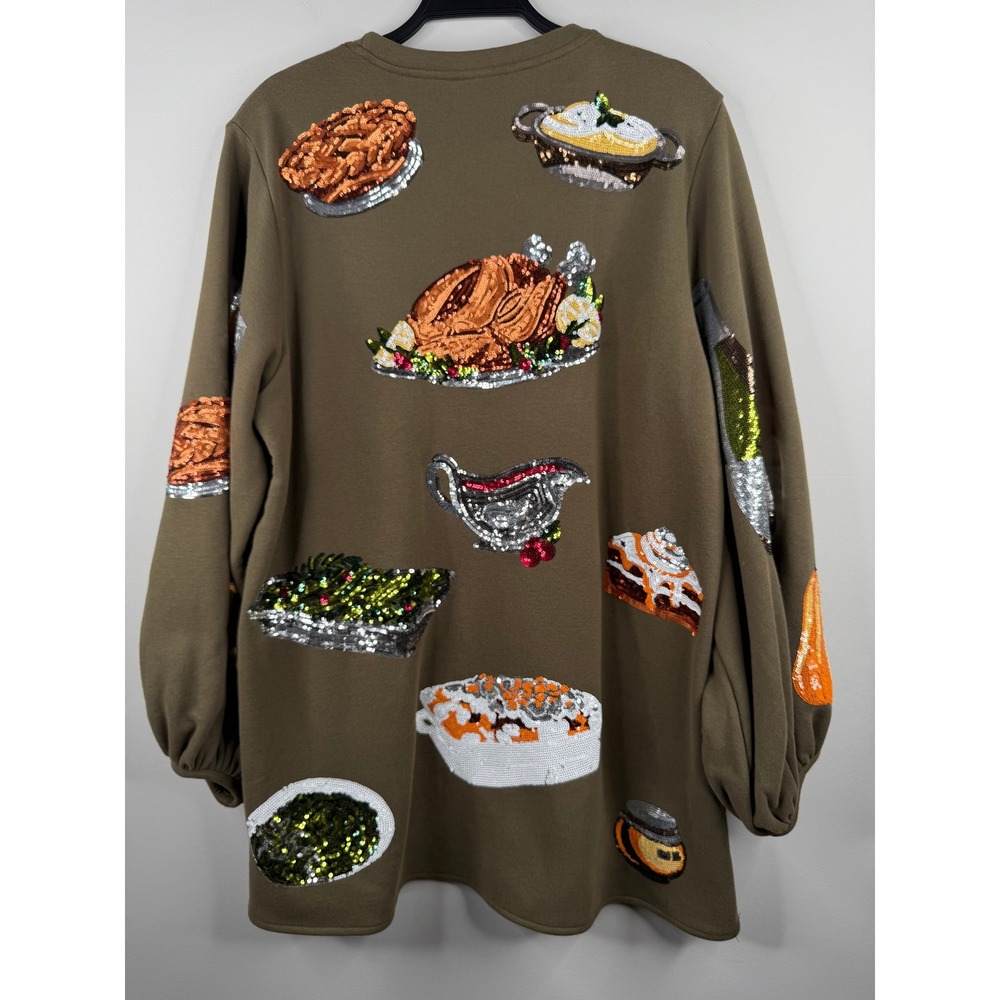Queen of Sparkles Thanksgiving Sequin Turkey Food Sweatshirt Olive Green Women S - Picture 5 of 14